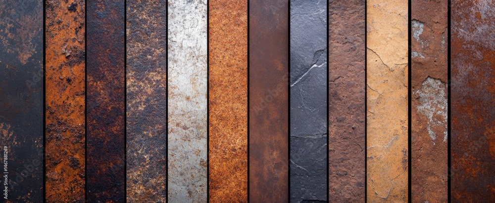 Poster a collection of textured metal panels displaying a range of rust and brown tones, ideal for backgrou