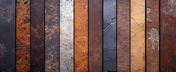 A collection of textured metal panels displaying a range of rust and brown tones, ideal for backgrounds and design projects. Showcases industrial aesthetics.