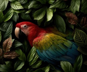 Fototapeta premium Vibrant parrot resting amidst lush green leaves in a quiet setting