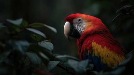 Obraz premium Colorful macaw perched quietly among lush green foliage in the forest