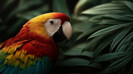 Colorful parrot perched among lush green foliage in tropical setting