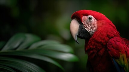 Fototapeta premium Vibrant red parrot perched among tropical leaves in natural habitat