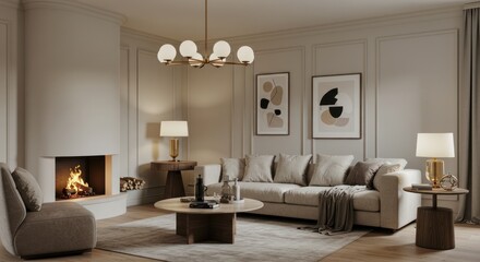 Living room interior featuring sofa fireplace artwork lighting and neutral color palette.