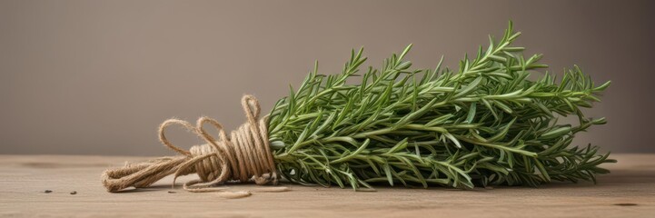 Fototapeta premium A rustic bunch of fresh rosemary tied with twine, isolated on white , ingredient, string