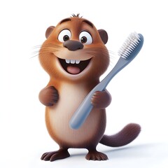 Cute cartoon beaver joyfully holding oversized toothbrush and smiling happily in a playful scene promoting dental hygiene and care