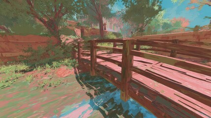 Colorful painted wooden bridge over a shallow stream.