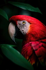 Fototapeta premium Bright red parrot perched among lush green foliage in tropical forest