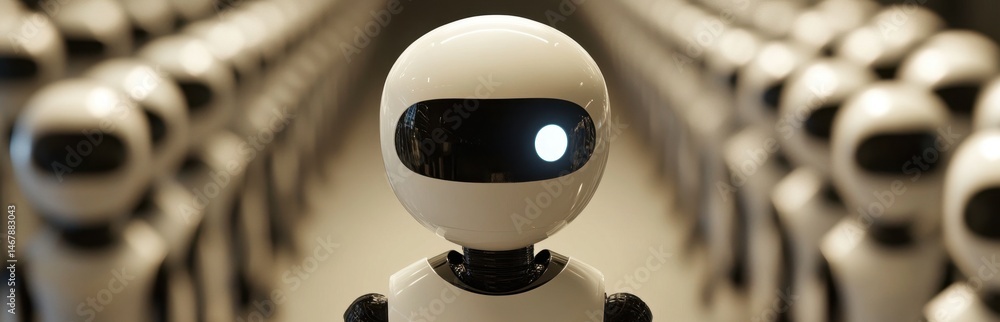 Poster a charming robotic figure stands out among identical counterparts in a high-tech environment, showca