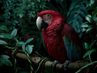 Obraz premium Vibrant red parrot perched on a branch surrounded by lush greenery