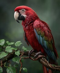 Bright red macaw perched on a branch with lush green leaves in nature