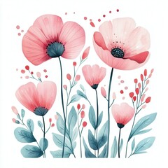 Watercolor painting of pink flowers on white canvas