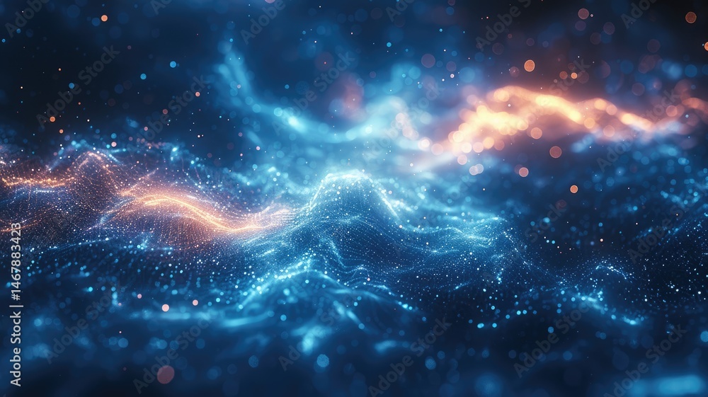 Poster abstract picture micro light sparkling particle represent data flow vivid flowing wave with high tec