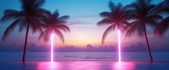 Fototapeta premium Tropical beach with palm trees and neon lights at sunset