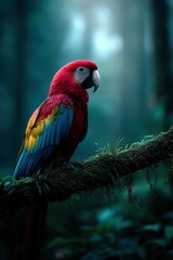 Obraz premium Colorful parrot perched on a mossy branch in a dense forest at dawn