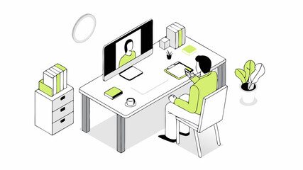 Remote work video conference call man at desk online meeting modern workspace productive