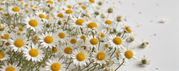 Fototapeta premium Crisp image of dried chamomile, loose blossoms, stark white backdrop , organic, dry, nature