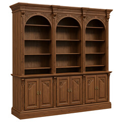 Elegant Wooden Bookshelf With Arched Shelves And Cabinet Storage On Transparent Background

