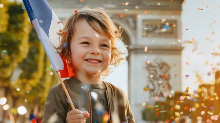 Child joyfully celebrates Bastille Day while holding a French flag near iconic Arc de Triomphe in Paris during festivities