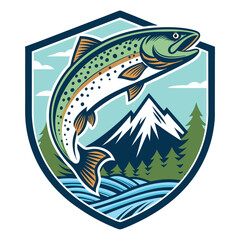 Design a vintage-style fishing club badge featuring a leaping trout, incorporating flowing water and possibly fishing rods.  Include space for club name.