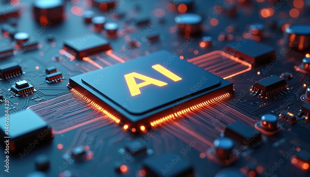 Poster computer chip digital circuit with letters ai on. artificial intelligence, innovation concept. moder