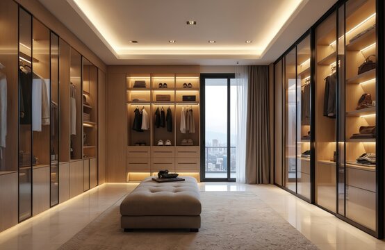 Luxurious walk-in closet with modern design. Glass wardrobe doors, custom storage solutions, integrated LED lighting creates stylish space. Wooden furniture, modern interior with city view. - Powered by Adobe