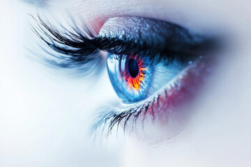 Extreme close-up of a female eye. Colorful iris and black eyelashes.