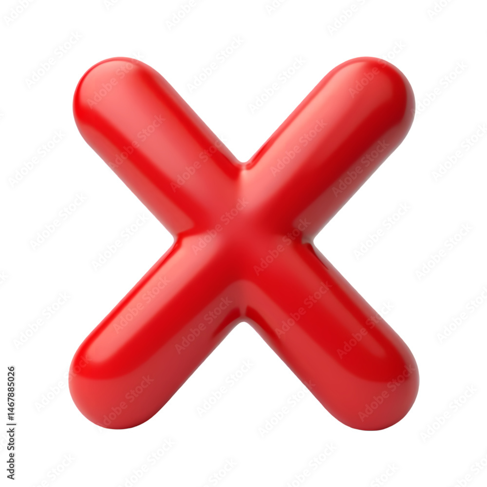 Poster red glossy x mark 3d render isolated on transparent background
