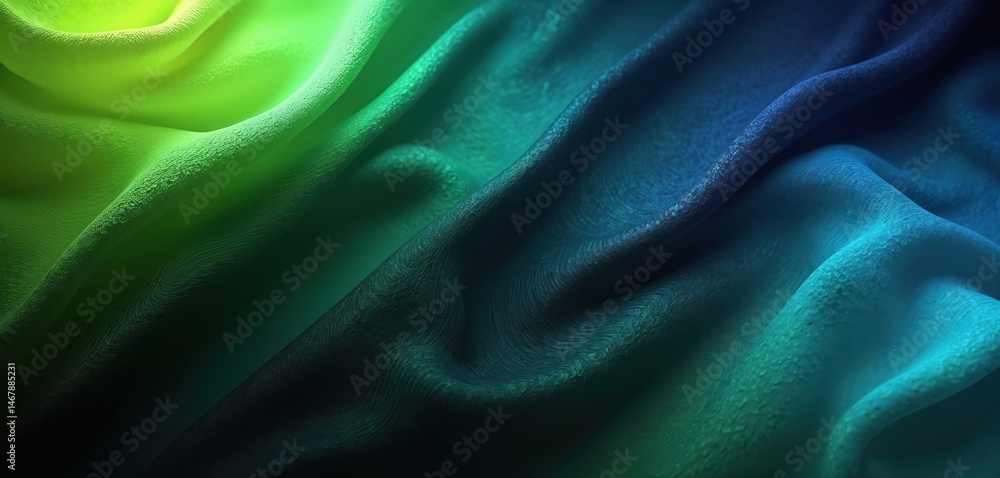 Poster abstract illustration shows draped fabric with lime green blue color gradient on black backdrop. tex