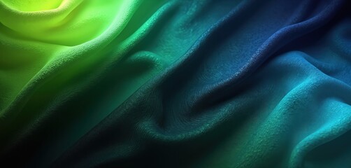 Obraz premium Abstract illustration shows draped fabric with lime green blue color gradient on black backdrop. Textured surface with lines, waves. Bright neon shades create glow shine. Suitable for design
