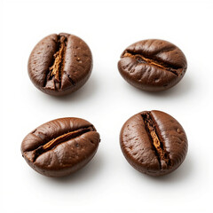 Fototapeta premium Close-up of four roasted coffee beans on white background