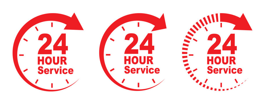 Set of Red 24h service duration icon collection. Support 24 hours, Support service symbol. 24 hours red icon vector set. Red 24 hour service icon. 24 hours order execution or delivery service icon. 