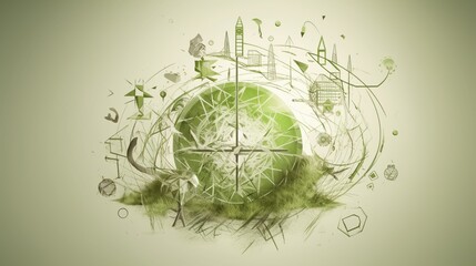 Abstract, green sphere, surrounded by sketches