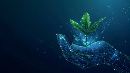 Fototapeta premium Sustainable Economy Concept. Abstract Digital Hand-Holding Plant on Technological Blue Background. Low Poly Wireframe illustration Consist of Connected Glow Dots, Lines, and Geometric Shapes
