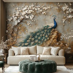 Peacock and Blossom Wallpaper