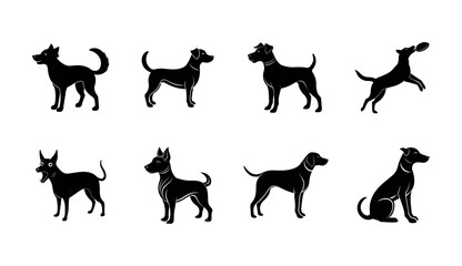 Black Silhouettes of Different Dog Breeds in Various Poses