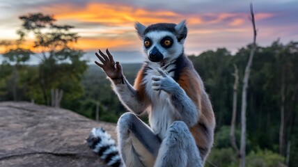 Obraz premium Lemur sitting on a rock, with raised hands, displaying a curious expression at sunset