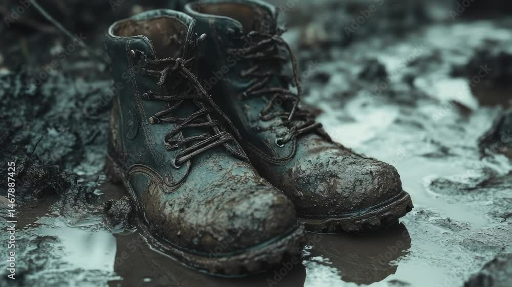 Poster a pair of brown boots resting on top of a muddy surface