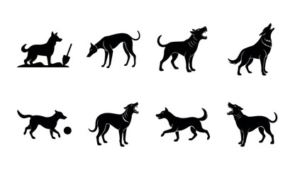 Illustrations of Various Dog Poses and Activities in Silhouette Form