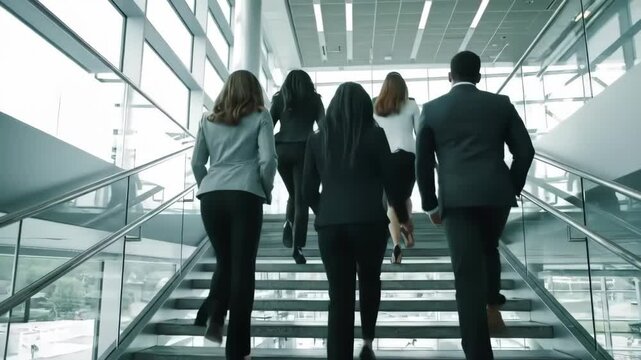 Diverse Professional Business Team Rear View Walking up Modern Office Building Staircase with Natural Light, Highlighting Corporate Teamwork