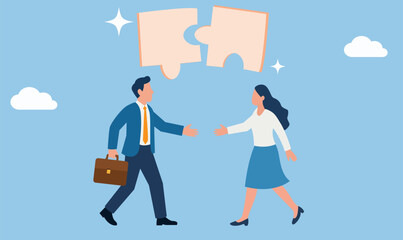 Business Partners: A professional male and female handshake symbolizing partnership and collaboration, with puzzle pieces representing their shared goals, teamwork and synergy.