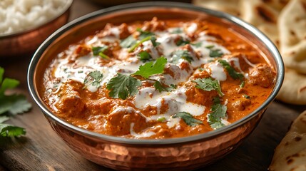 Butter chicken curry in copper dish high resolution picture