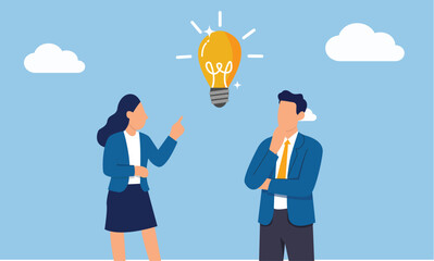 Sparking Innovation: Two figures engage in a dynamic discussion beneath a radiant light bulb. Illustrating the pivotal moment of idea generation, innovation, creativity.