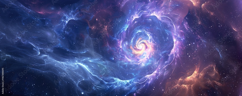 Poster galaxy scene of vibrant planet inside outer space orbit with vividness of light from nebula or star.