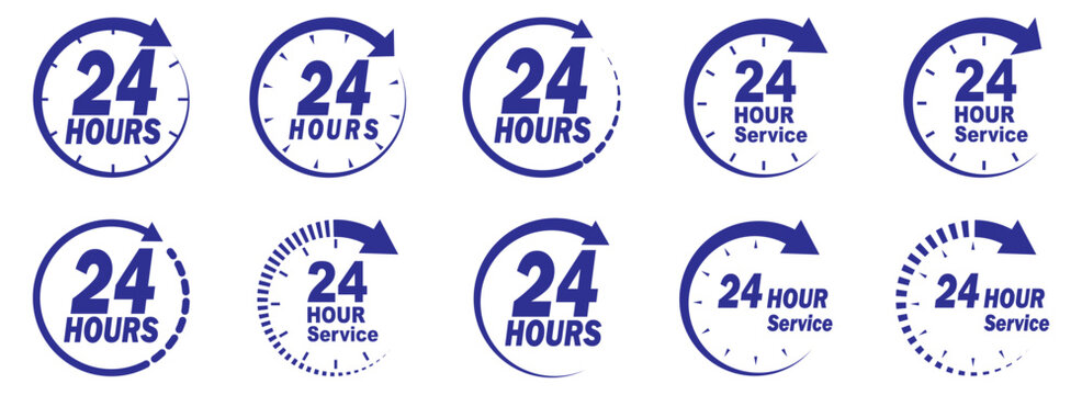 Blue 24 hour service icon vector set.  24 hours order execution or delivery service icon. Set of blue 24h service duration icon collection. Support 24 hours, Support service symbol. 24 hours icon. 
