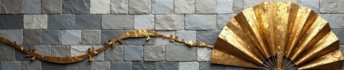 Gray & gold stone mosaic wall art with metal fan accents , light, luxury