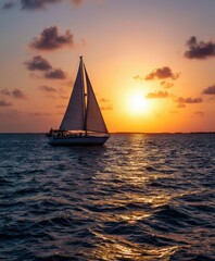 Beautiful sailing boat at sunset on tranquil waters in summer evening