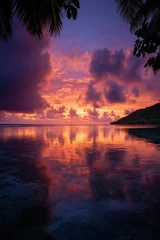 Gardinen Vibrant sunset reflecting on tranquil water in a tropical landscape © BrandwayArt