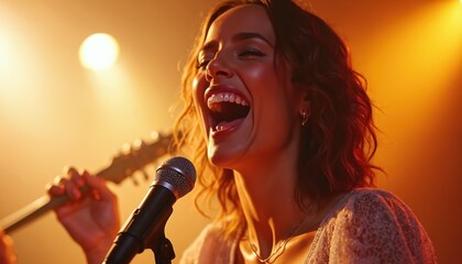 Captivating close-up photo of female singer performing live on stage. Expressive face, open mouth, powerful voice, warm stage lighting. Singer with microphone, bright light. Musician, artist at