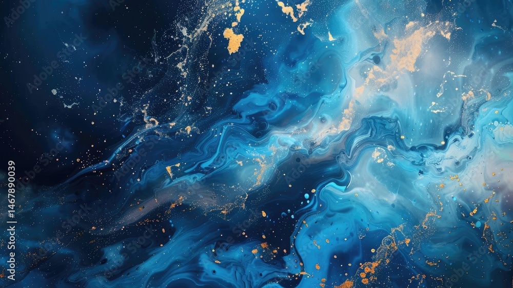 Poster abstract of gold particle color in blue wave wavering in luxury design. modern art present about the