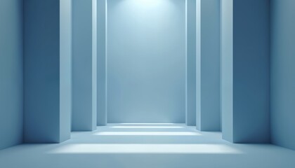 Minimalist blue room, soft light creates calm atmosphere. Abstract interior with geometric shapes, clean design. Empty space for presentation background. Modern style, serenity, tranquil, peace,
